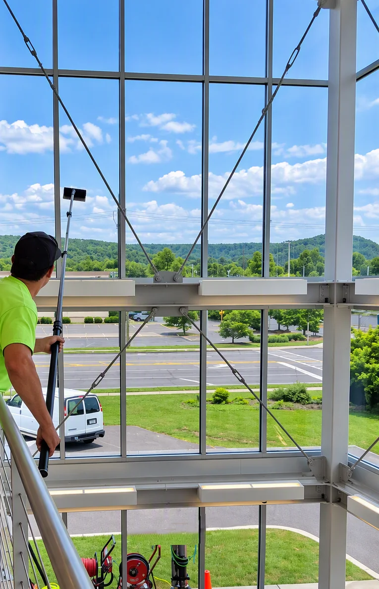 An H and E window cleaner using an extension pole to clean a tall wall of commercial windows